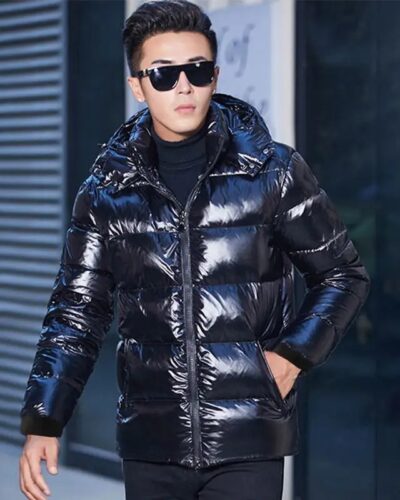 Men Glossy Parka Jacket Hooded Winter Windproof Rainproof Warm Coat