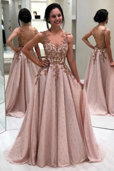 Pink A-Line Prom Dress with Pearl Appliques – Illusion Backless Chiffon Evening Gown