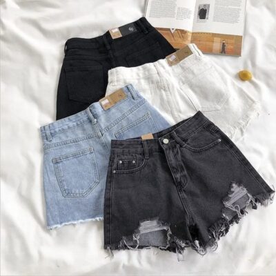 Women’s Korean Denim Shorts – High Waist Ripped Jeans with Pockets and Tassel Trim, Summer Y2K Casual Streetwear