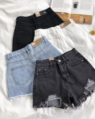 Women’s Korean Denim Shorts – High Waist Ripped Jeans with Pockets and Tassel Trim, Summer Y2K Casual Streetwear
