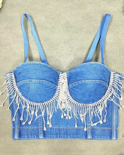 IRENE TINNIE Women’s Denim Rhinestone Bustier – Tassel Beaded Sexy Party Crop Top