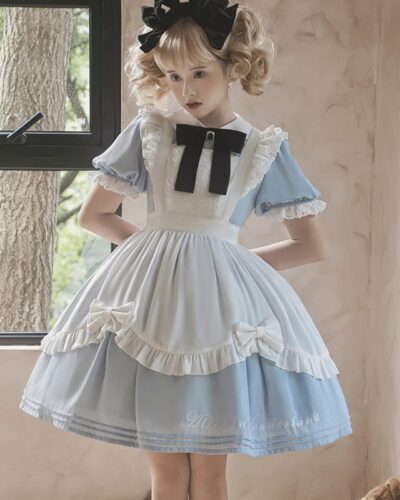 Sweet Lolita Wonderland Maid Dress Bow Lace Kawaii Two Piece Set