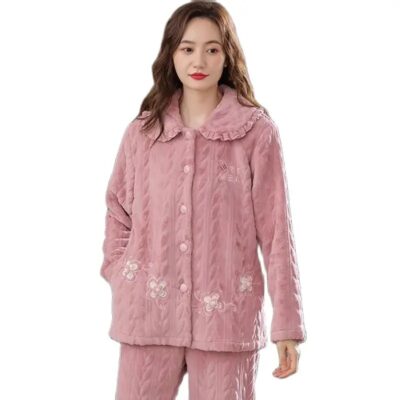 Women Coral Fleece Pajama Set Warm Flannel Cardigan Two Piece