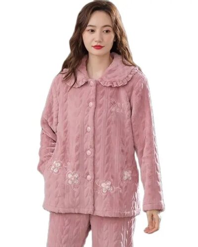Women Coral Fleece Pajama Set Warm Flannel Cardigan Two Piece