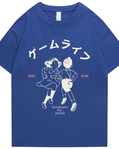 Men’s Harajuku Hip Hop T-Shirt Japanese Kanji Print Cotton Casual Streetwear Short Sleeve Tee