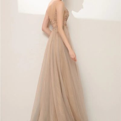 Champagne A Line Prom Dress Spaghetti Strap Sequin Gown
