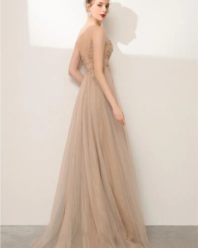 Champagne A Line Prom Dress Spaghetti Strap Sequin Gown
