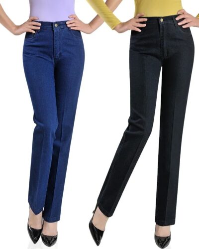 2025 Spring Summer High Waist Stretch Jeans for Women Large Size Straight Denim Trousers Casual Multi Pocket Pants