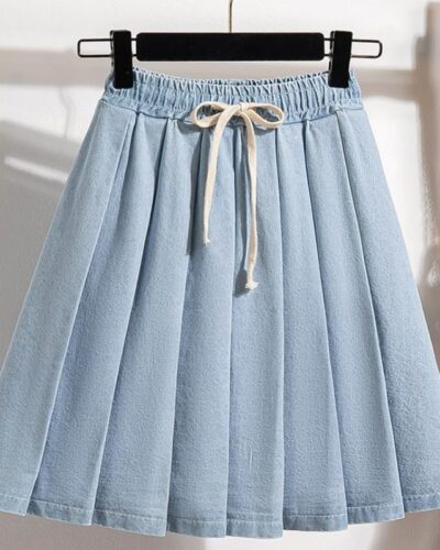 5XL Oversize Denim Skirts Women Lace Up Pleated Skirt Summer Elastic Waist Cute Soft Girl Frilly Loose Jeans Mini Skirt Culotte