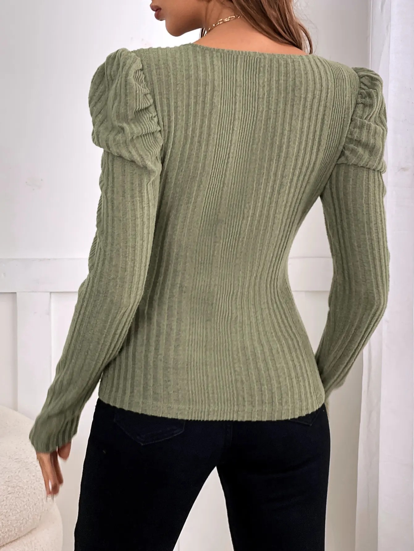 Women’s Square-Cut Collar Long Sleeve Slim Fit Top – Pleated Front & Back Tee for Autumn Winter 2026 - Image 5