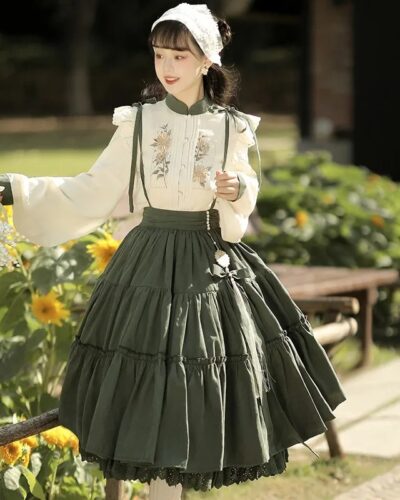 Chinese Lolita Dress Set Elegant Vintage Ruffle Skirt with White Blouse Autumn Winter Outfit