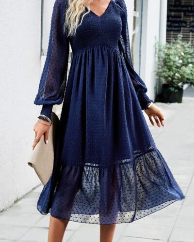 Women’s Elegant Jacquard Midi Dress – See-Through Shirring with Lantern Sleeves (Autumn Casual)