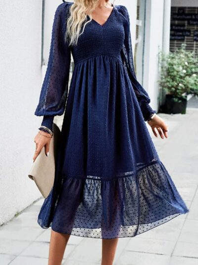 Women’s Elegant Jacquard Midi Dress – See-Through Shirring with Lantern Sleeves (Autumn Casual)