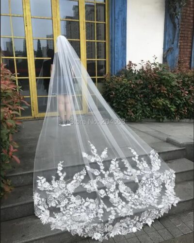 Long Lace Bridal Veil with Comb White Ivory Wedding Veil