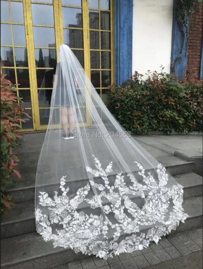 Long Lace Bridal Veil with Comb White Ivory Wedding Veil