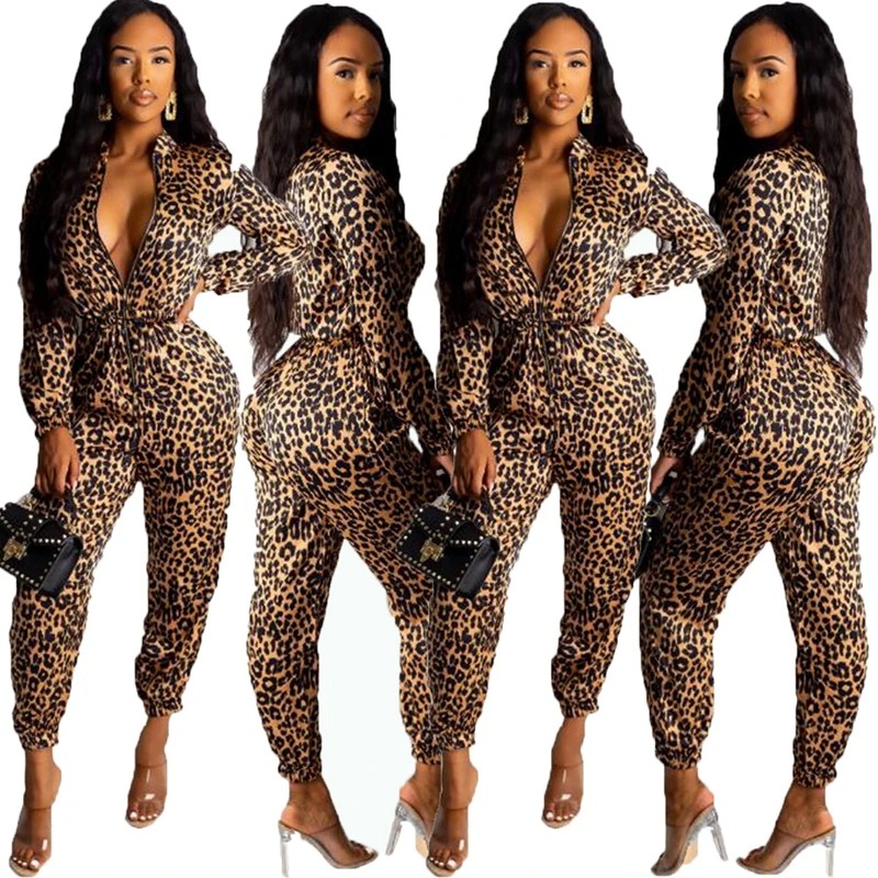 Women’s Leopard Print Bodycon Jumpsuit – Long Sleeve High Waist Streetwear Romper - Image 3