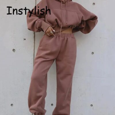 Women Fleece Two Piece Set Y2K Vintage Hoodie Sweatpants Tracksuit