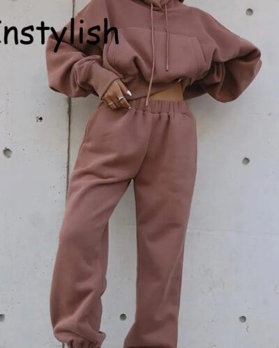 Women Fleece Two Piece Set Y2K Vintage Hoodie Sweatpants Tracksuit