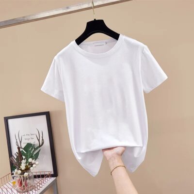 Women’s Summer Cotton T-Shirt Casual Loose Fit White Short Sleeve Breathable Basic Top