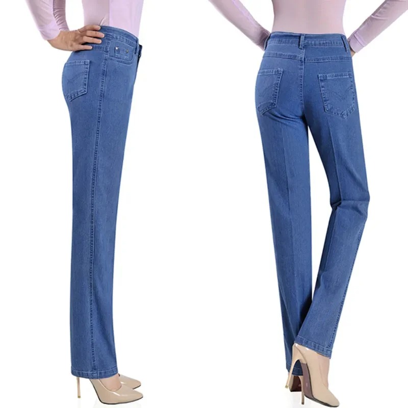 2025 Spring Summer High Waist Stretch Jeans for Women Large Size Straight Denim Trousers Casual Multi Pocket Pants - Image 6