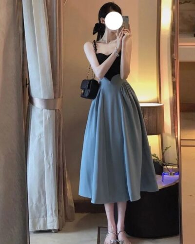 2023 Summer Women’s A-Line Dress | Beaded Strap Slim Contrast Color Mid-Calf Elegant OL Dress