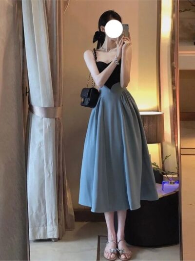 2023 Summer Women’s A-Line Dress | Beaded Strap Slim Contrast Color Mid-Calf Elegant OL Dress