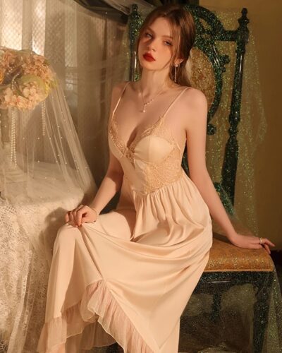 Lace Nightdress Women Sheer Mesh Lingerie Sleeveless Slim Fit Sleepwear