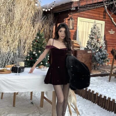 Women’s French Style Hepburn Mini Dress 2024 | Vintage Velvet Suspender Slim Party Dress