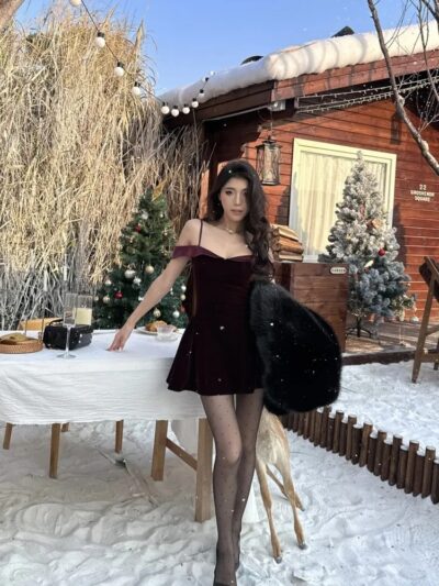 Women’s French Style Hepburn Mini Dress 2024 | Vintage Velvet Suspender Slim Party Dress