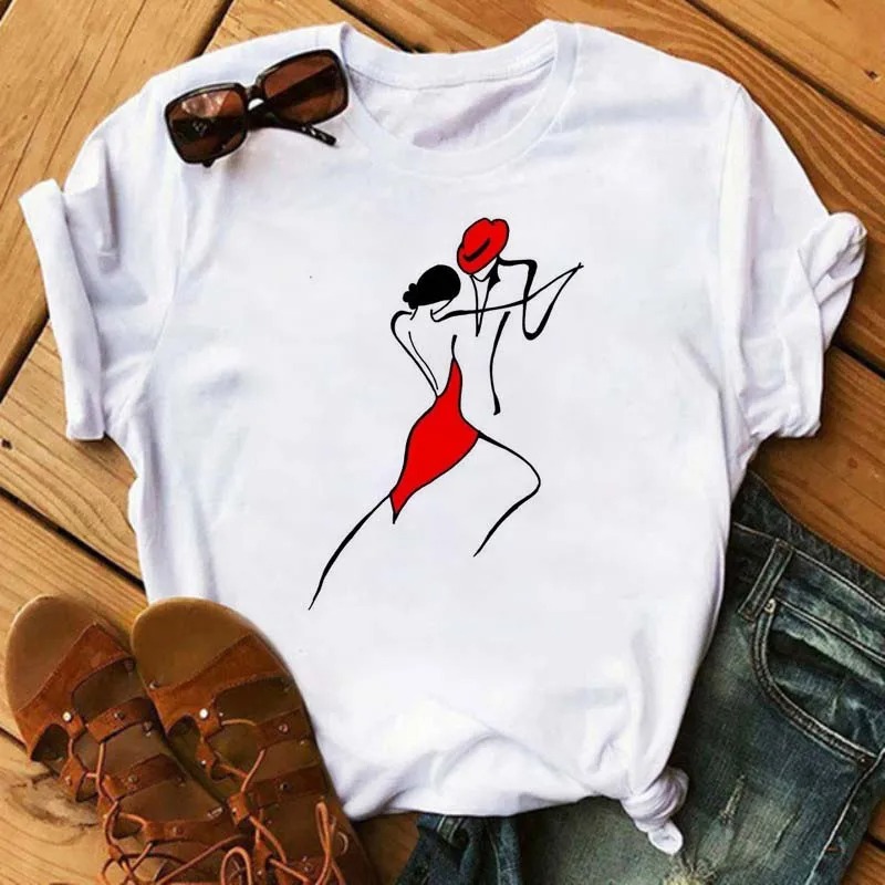 Harajuku Line Art T-Shirt – Cartoon Graphic Casual Women Tee - Image 2