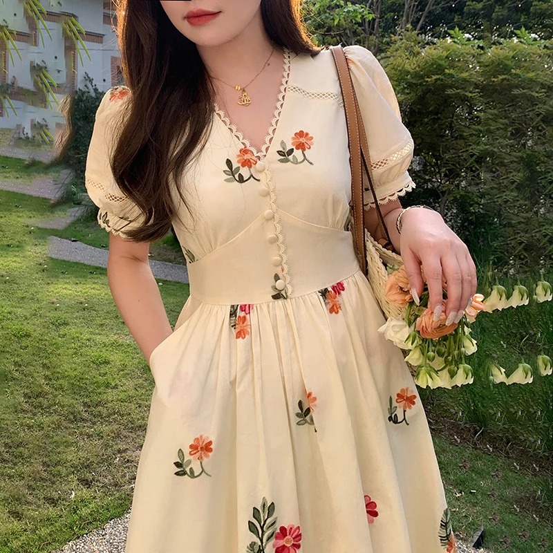 Women Summer Floral Embroidery Dress Lace Patchwork V-Neck Puff Sleeve Elegant Midi Party Dress - Image 6