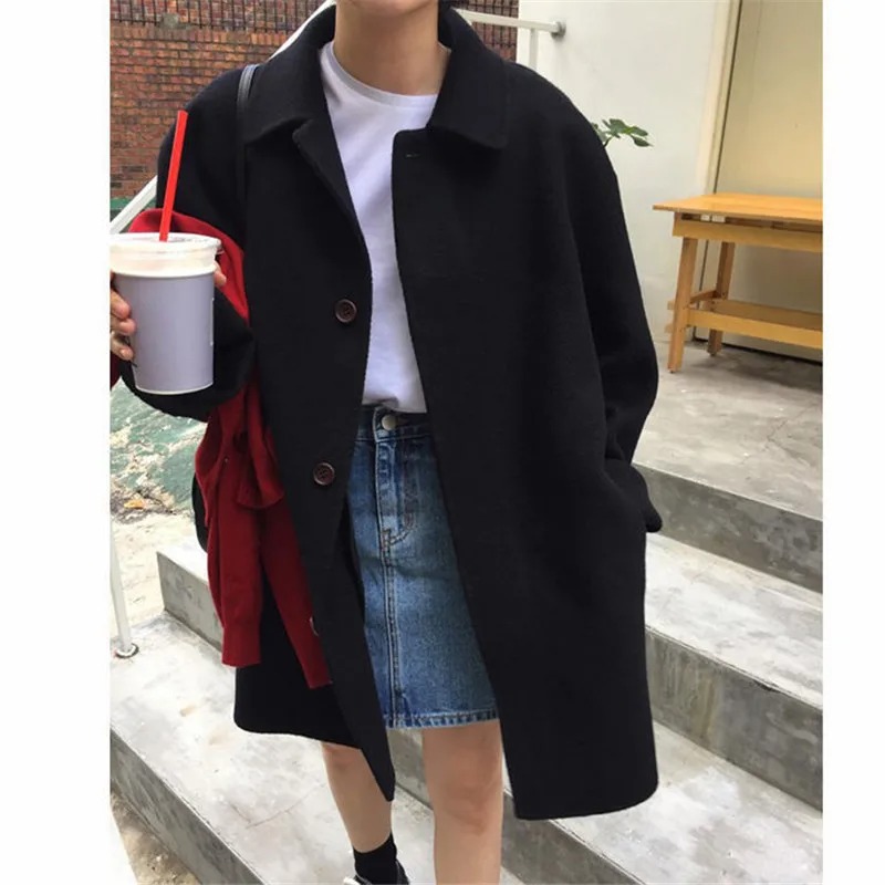 Spring Autumn Korean Style Mid-Long Woolen Coat Women Single Breasted Streetwear Outerwear - Image 2