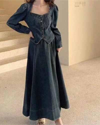 Denim Fashion Two Piece Set Long Sleeve Top Long Skirt Elegant Outfit