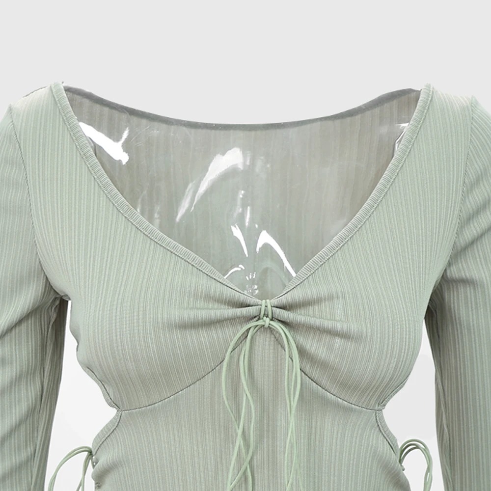 Fashion Youth Women's Summer Blouse – K-Style Knotted V-Neck Long Sleeve Cropped Top - Image 4