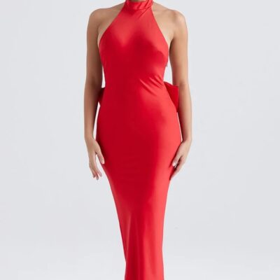 Red Butterfly Backless Dress Women Halter Neck Sleeveless Slim Dress