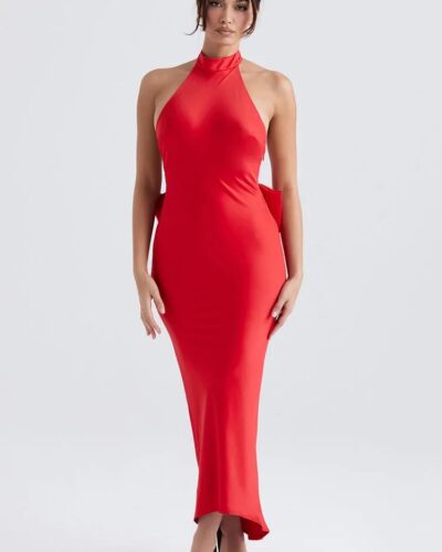 Red Butterfly Backless Dress Women Halter Neck Sleeveless Slim Dress