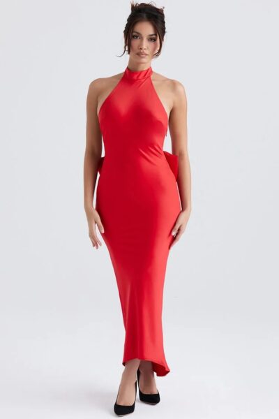 Red Butterfly Backless Dress Women Halter Neck Sleeveless Slim Dress