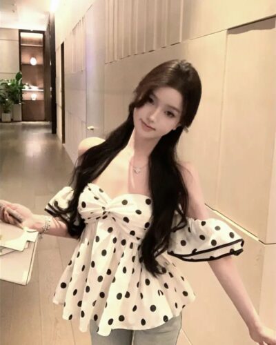 Women’s Polka Dot Slash Neck Short Sleeve Blouse – Korean Ruffle Slim Fit Casual Summer Top