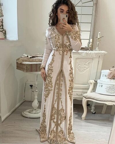 Ivory Velvet Moroccan Caftan Long Sleeve Dubai Evening Gown