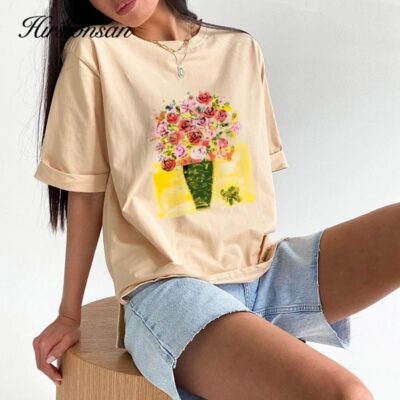 Vintage Hand-Painted Floral T-Shirt for Women – Elegant Loose Summer Graphic Tee