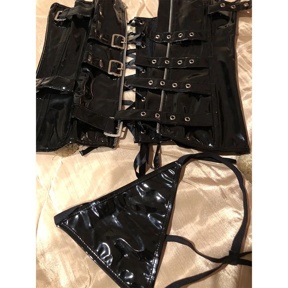 Black Wetlook PVC Leather Overbust Corset Front Zip & Buckle Gothic Steampunk Corselet for Women - Image 6