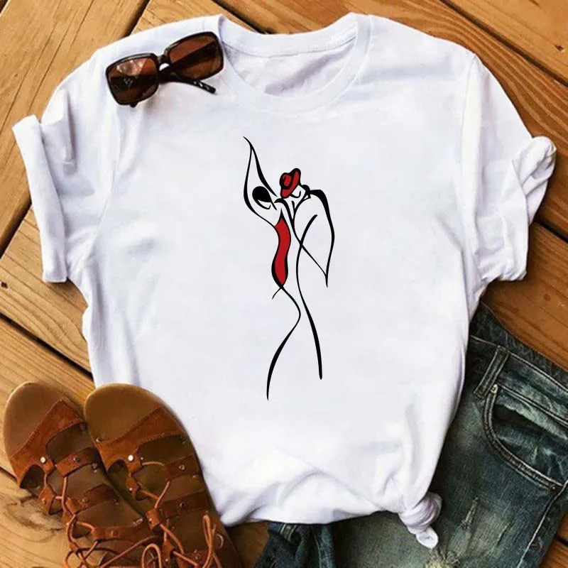 Harajuku Line Art T-Shirt – Cartoon Graphic Casual Women Tee - Image 3