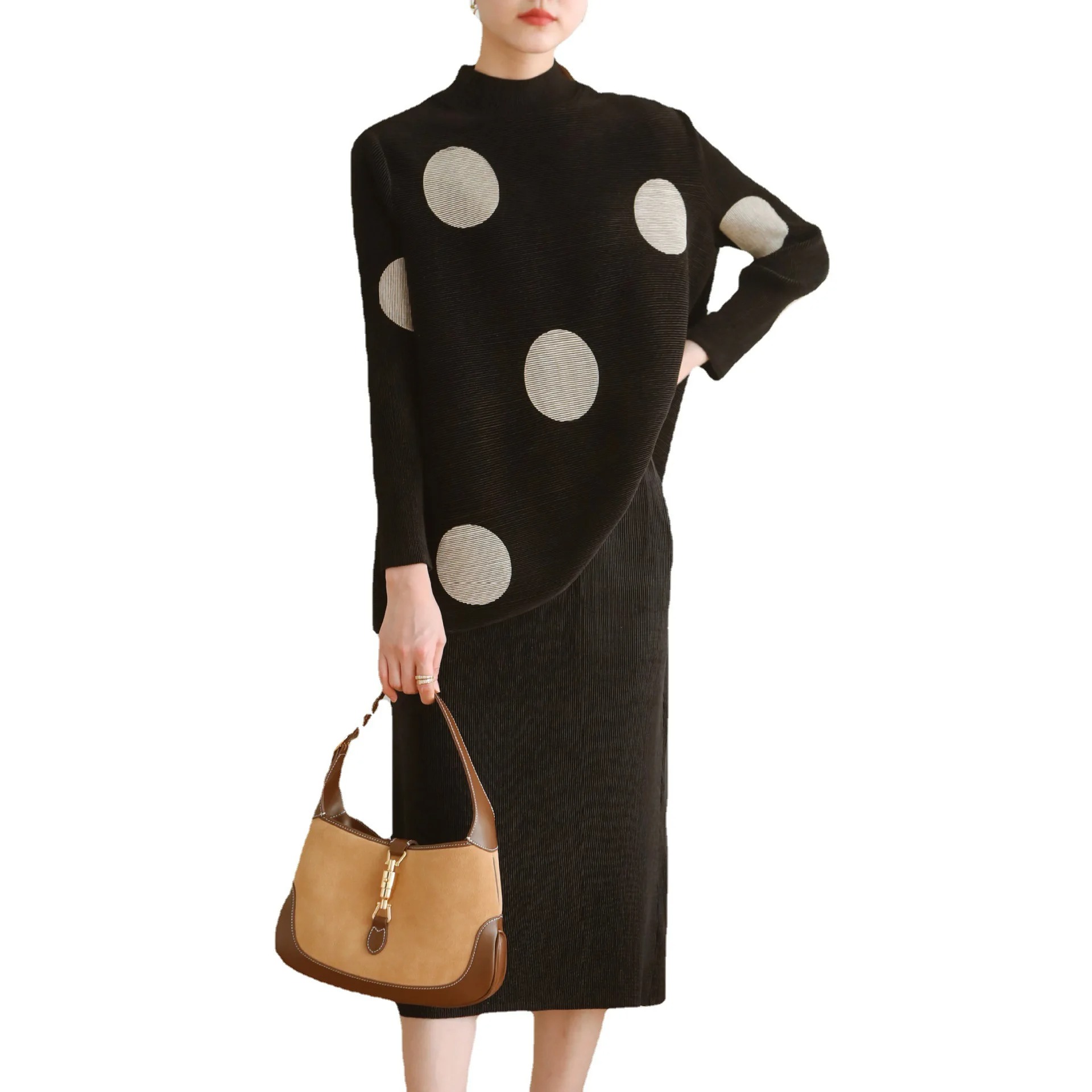 Women High Neck T Shirt Pencil Skirt Miyake Pleated Polka Dot Two Piece Set - Image 6