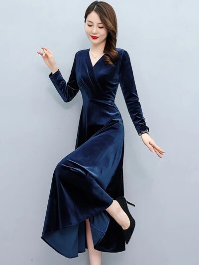 2024 Vintage Velvet Midi Dress | Long Sleeve Sexy Bodycon Elegant Warm Autumn Winter Party Dress