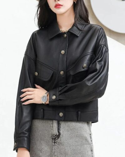 Vintage Casual PU Leather Jackets Women Turn-down Collar Cropped Loose Winter Sheepskin Coats Women 2023 Spring Thicken Outwear