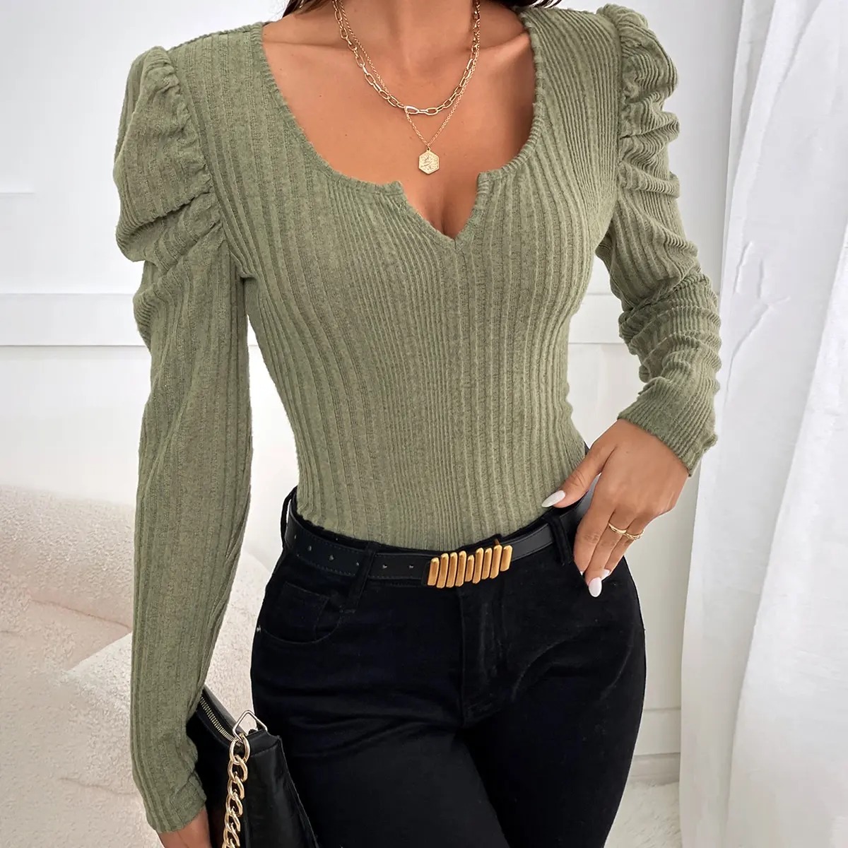 Women’s Square-Cut Collar Long Sleeve Slim Fit Top – Pleated Front & Back Tee for Autumn Winter 2026 - Image 2
