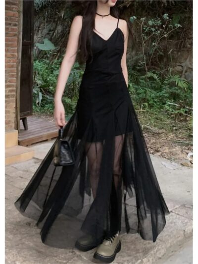 French Style Vintage Evening Dress for Women – Spaghetti Strap Mesh Patchwork V-Neck Split Black Slim Party Dress