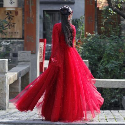 Red Sequin Hanfu Fairy Dress Two Layer Chinese Dance Gown