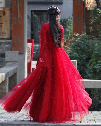 Red Sequin Hanfu Fairy Dress Two Layer Chinese Dance Gown