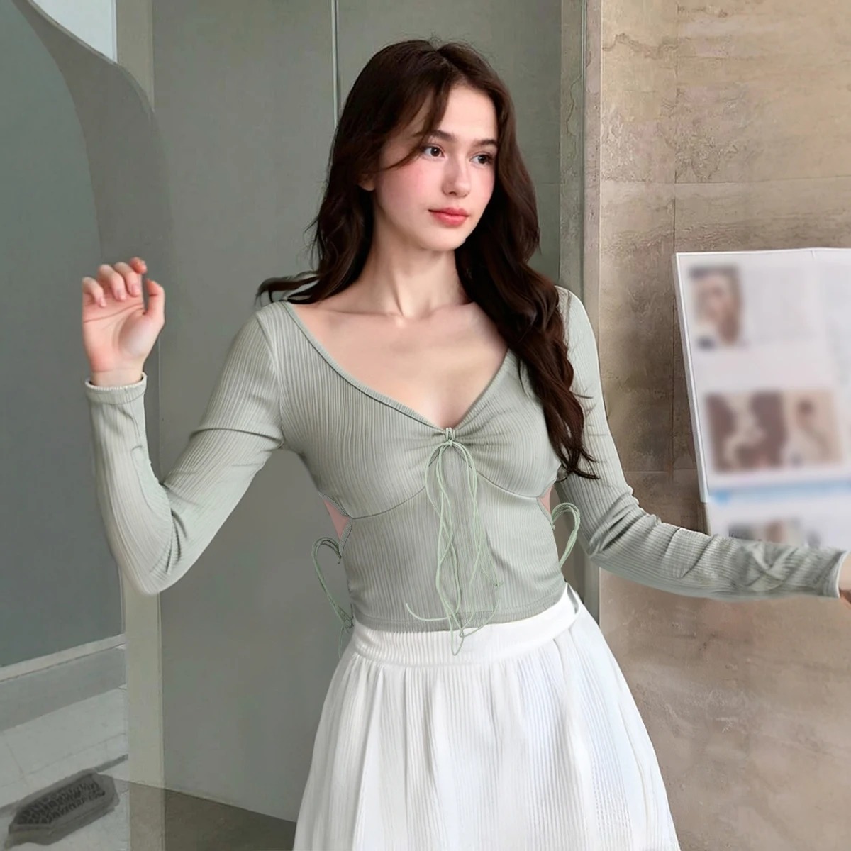 Fashion Youth Women's Summer Blouse – K-Style Knotted V-Neck Long Sleeve Cropped Top - Image 2